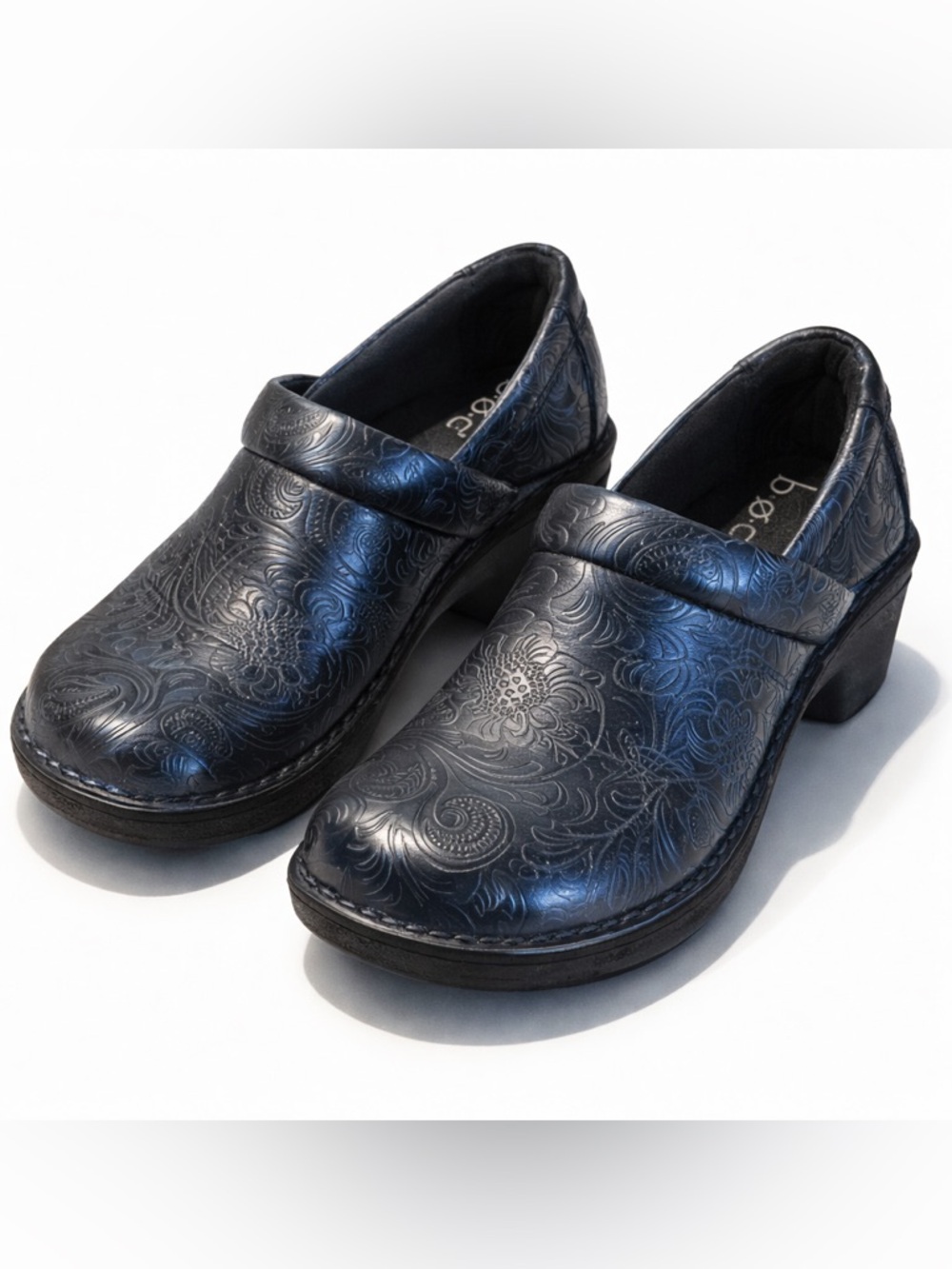 b.o.c. Peggy Paisley Embossed Slip On Clogs Black Comfort Work Shoes 7 7.5